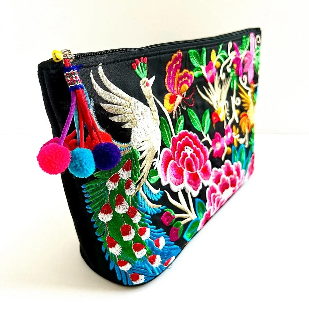 Large Colorful Birds and Florals Embroidered Pom Pom Bag (NWOT) - Picture 3 of 9
